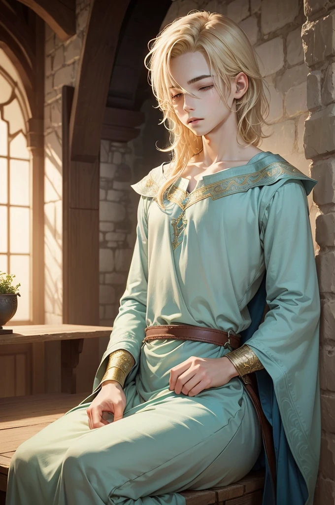 medieval fantasy, 1boy, delicate and slight young male diviner, short, 16 years old, boyish charm, youthful appearance, ethereal grace, pale skin, large expressive green eyes, look of vulnerability and curiosity, sandy blonde hair, hair over eyes, shy, nervous, timid, simple yet elegant wizard clothes of muted colors, favoring soft blues and greens