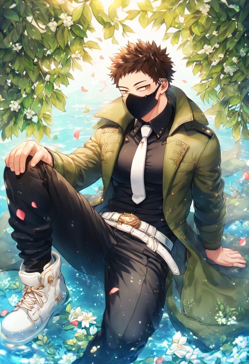 Ultra detailed, HDR, Highres, absurdres, master piece, Overhaul, dark brown hair, short hair,  
short bangs, expressivee brown eyes, green coat with fur, black shirt, white necktie, black pants, white belt, white shoes, Boku No Hero Academia, black mask, sexy man sitting, handsome, flowers, petals, fantasy, magical, green leaves, summer, handsome, sensual, best quality, glittering, solo, manly man, water