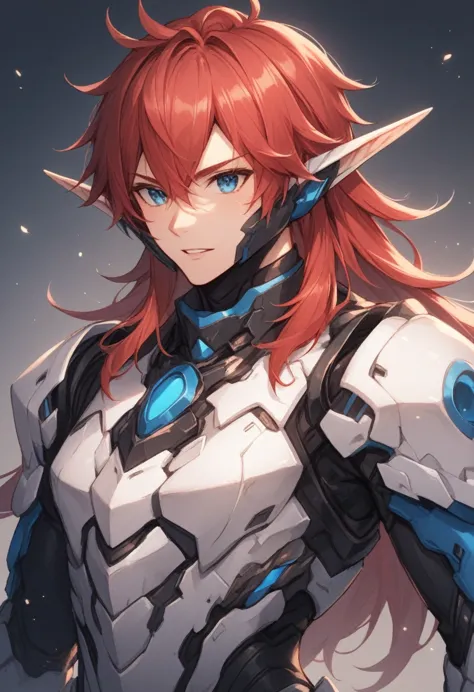 a mecha elf boy with white skin, red hair, blue eyes.