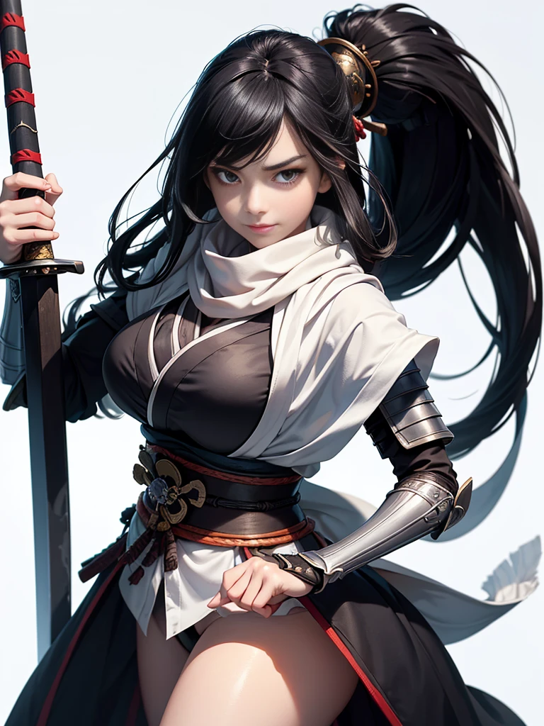 master piece,　best quality,　ultra detailed,　photorealistic,　voluptuous,　1 young girl,　fair skin,　pale skin,　long hair,　black hair,　smile,　mega breasts,　gorgeous bluck kimono,　cowboy shot,　looking up,　white background,　(Japanese SAMURAI Armor：1.4),　(Black armor:1.2)、No exposed skin、(Wearing a long white scarf:1.2)、grasping katana sword, Samurai, fighting stance 、Thick eyebrows、Slit eyes, long bloodstained sword,  disheveled long black hair、A proud, black-haired beauty standing on the battlefield beloved by the God of War.、　A beautiful woman dominates the battlefield with a single sword