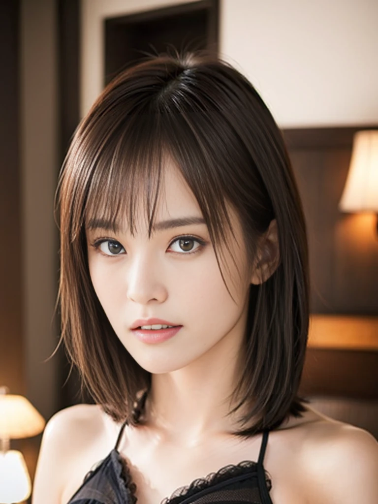 Very beautiful,, (Very detailed美しい顔), Great face and eyes, (Highest quality:1.4), (Very detailed), Very detailed CG 統合 8k 壁紙, Surreal, (Photorealistic:1.3),  Professional photography, Cinema Lighting, Realistic portraits, (:1.3), ((Bokeh)), Depth of written boundary, Look at this、Bedroom)、85ｍM prime lens f1.2, Japan adult female, tits,Big Tits,Breasts that are too big to hang down,Long Hair, Black bra