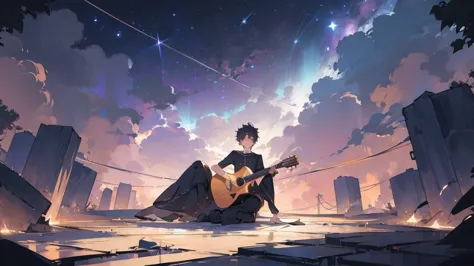 masterpiece,night,(dark alley),star、night sky、milky way、octone、
(1 male), (solo), knee hugging sitting，acousticguitar