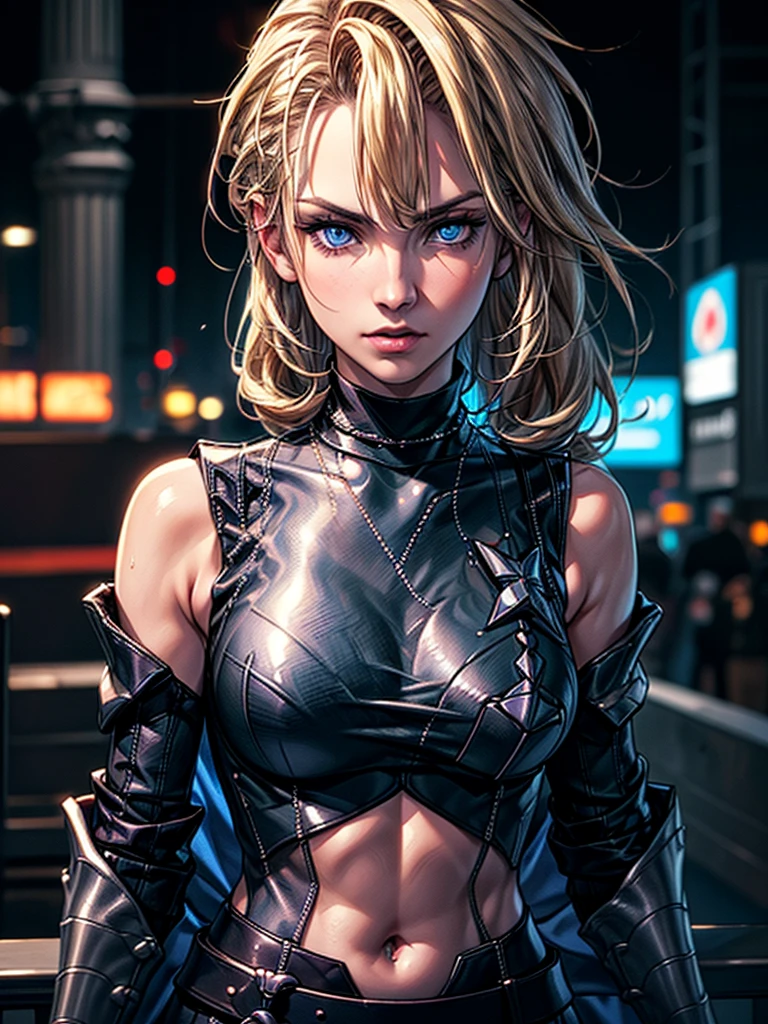 masterpiece, highest quality, (solo focus), (perfect face:1.1), (high detail:1.1), 1girl, DimitriPre, Paine, blonde hair, ((long hair)), blue eyes, ((Black sleeveless high neck knit sweater dress)), bellybutton visible through clothes, detailed background, loft, neon cityscape, cyberpunk, cinematic lighting
