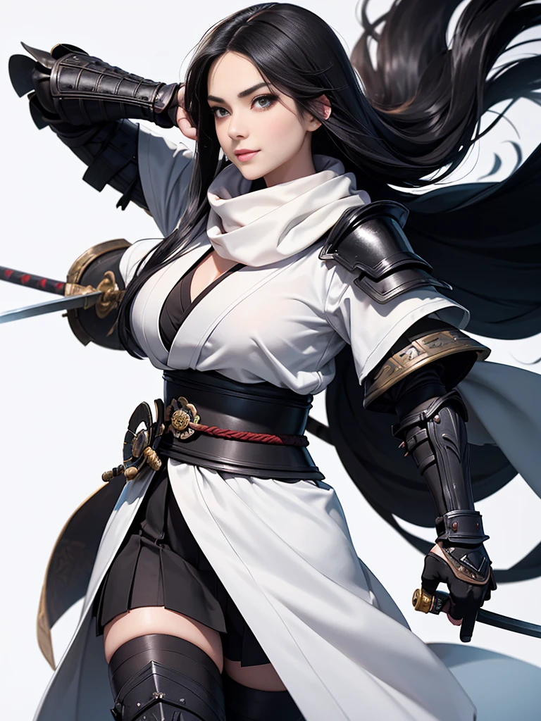 master piece,　best quality,　ultra detailed,　photorealistic,　voluptuous,　1 young girl,　fair skin,　pale skin,　long hair,　black hair,　smile,　mega breasts,　gorgeous bluck kimono,　cowboy shot,　looking up,　white background,　(Japanese SAMURAI Armor：1.4),　(Black armor:1.2)、No exposed skin、(Wearing a long white scarf:1.2)、grasping katana sword, Samurai, fighting stance 、Thick eyebrows、Slit eyes, long bloodstained sword,  disheveled long black hair、A proud, black-haired beauty standing on the battlefield beloved by the God of War.、　A beautiful woman dominates the battlefield with a single sword