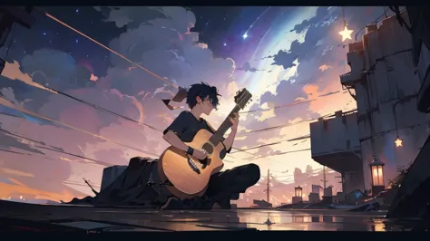 masterpiece,night,(dark alley),star、night sky、milky way、octone、
(1 male), (solo), knee hugging sitting，acousticguitar