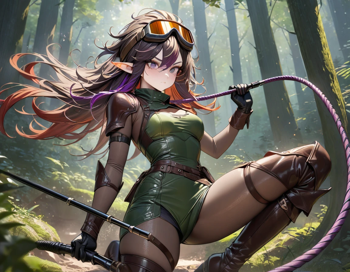 multicolored hair(brown, purple, red, dark blue), messy hair, floating hair, goggles on headwear, long pointy ears, modern, sparkle, textured skin, masterpiece, accurate, super detail, best quality, highres, high details, Swinging a whip, hunting with a whip, in the forest, Wears green clothing, leather armor, leather boots