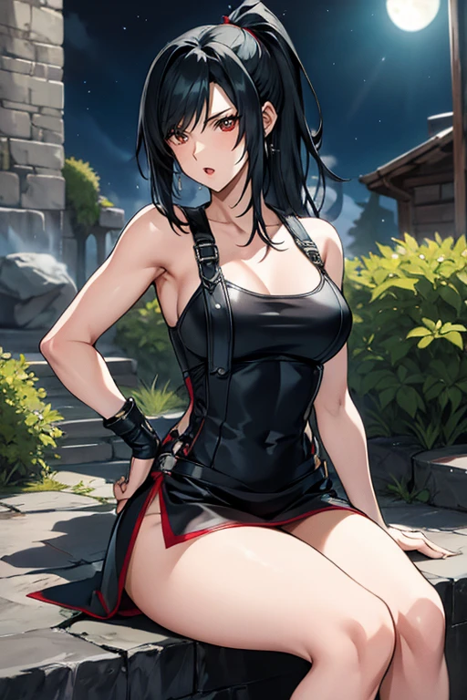 tifa lockhart, MKSKS style, (highly detailed background:1.0), (highly detailed background:1.0), Final Fantasy VII Remake, (red eyes), 1 girl, bare shoulders, aqua dress, black hair, green dress, No sleeve dress , sundress, Home, long hair, night, night null, open your mouth, outdoors, ponytail, sitting, null, No sleeve, No sleeve dress, star (null), starry null, town, old, small breasts, ((white ruffles)), (white dress),