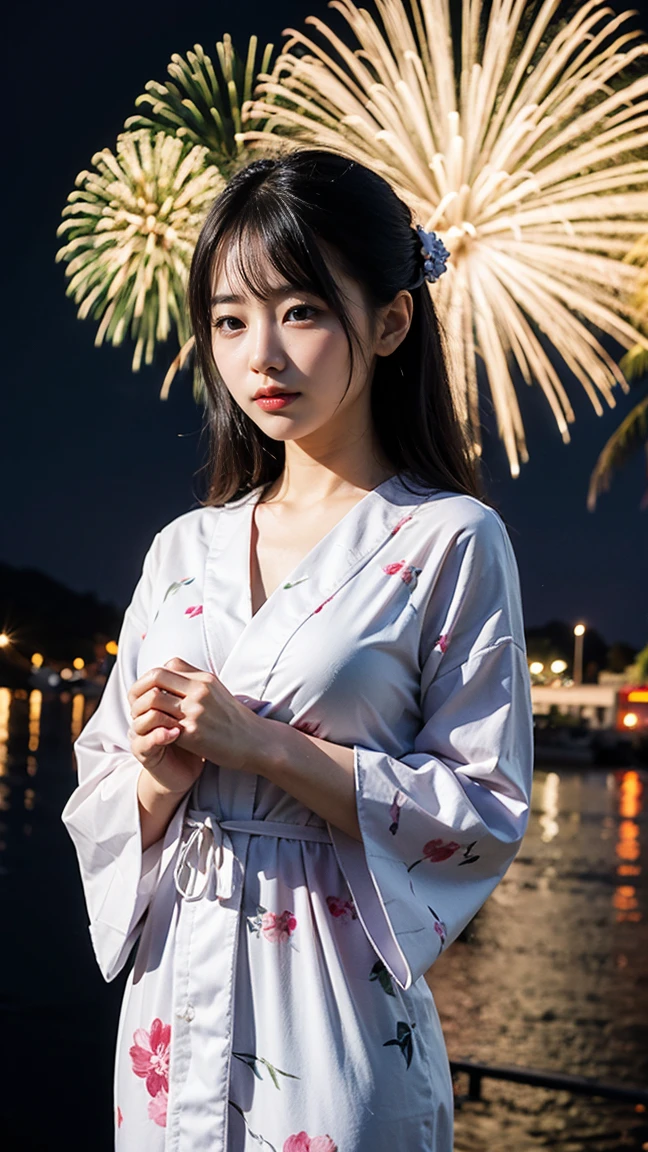 (masterpiece、high resolution、high quality)、Japanese beautiful girl:1.3,18-year-old high school student、Beautiful body、Japanese Yukata、Soaring、night、Laughter、Clear Eyes、Beautiful Skin、Yukata beauty、Hydrangea pattern yukata、Her breasts are exposed from her yukata、Very beautiful mid-chest、Beautiful cherry-colored areola、Erect nipples、Cool Summer、nightの夏祭り、Fireworks display、Professional Photography、