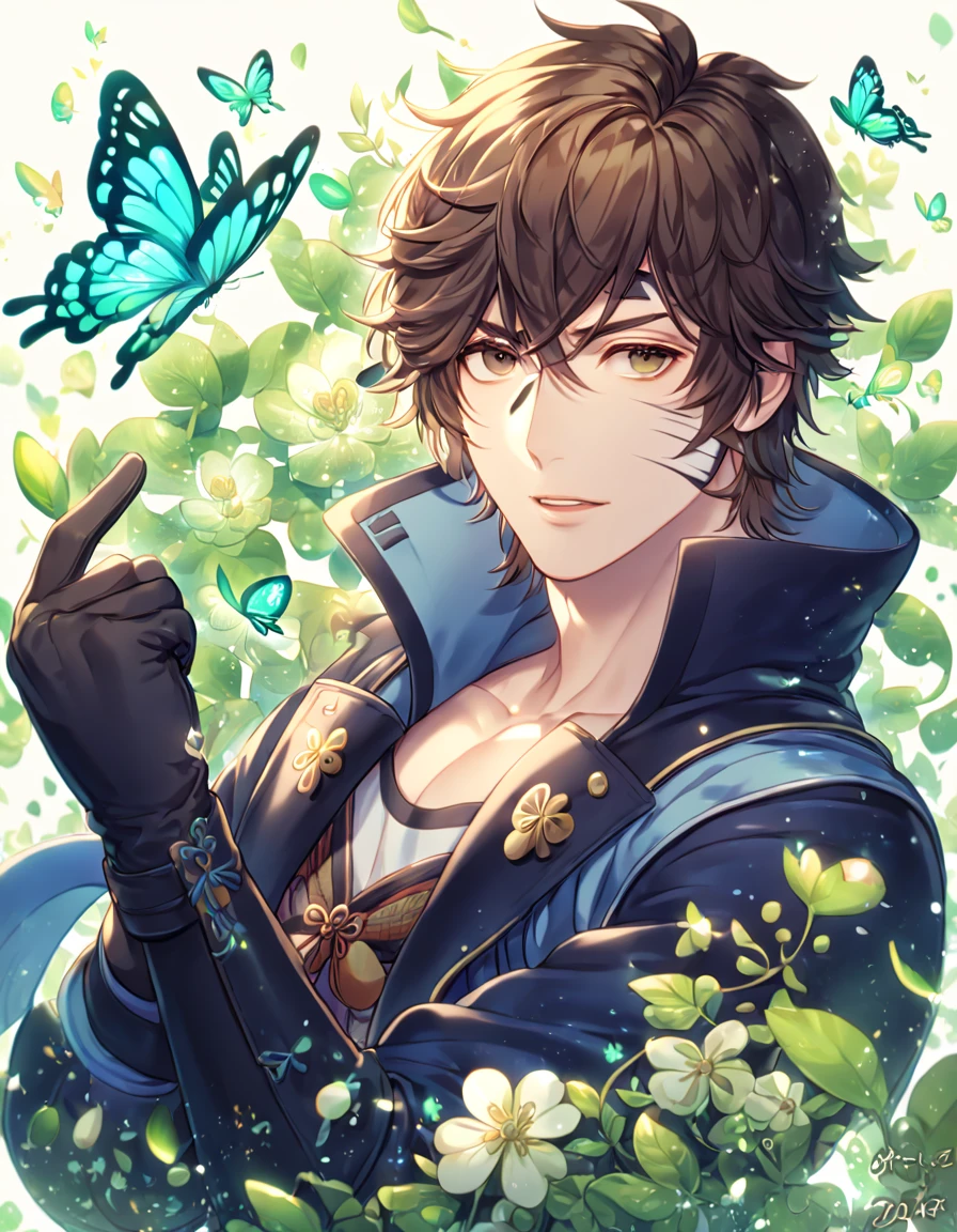 absurdres, highres, ultra detailed, HDR, master piece, best quality, extremely detailed face, delicated features, Date Masamune, medium length brown hair, expressive brown eyes, black eye patch, Sengoku Basara, solo, sexy man, handsome, dark blue coat with high collar, black gloves, fantasy, magical, butterflies, summer, green leaves, flowers, water