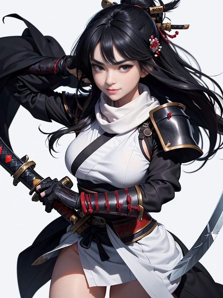 master piece,　best quality,　ultra detailed,　photorealistic,　voluptuous,　1 young girl,　fair skin,　pale skin,　long hair,　black hair,　smile,　mega breasts,　gorgeous bluck kimono,　cowboy shot,　looking up,　white background,　(Japanese SAMURAI Armor：1.4),　(Black armor:1.2)、No exposed skin、(Wearing a long white scarf:1.2)、(gripping katana sword:1.2), Samurai, fighting stance 、Thick eyebrows、Slit eyes, (long bloodstained sword:1.2),  disheveled long black hair、A proud, black-haired beauty standing on the battlefield beloved by the God of War.、　A beautiful woman dominates the battlefield with a single sword