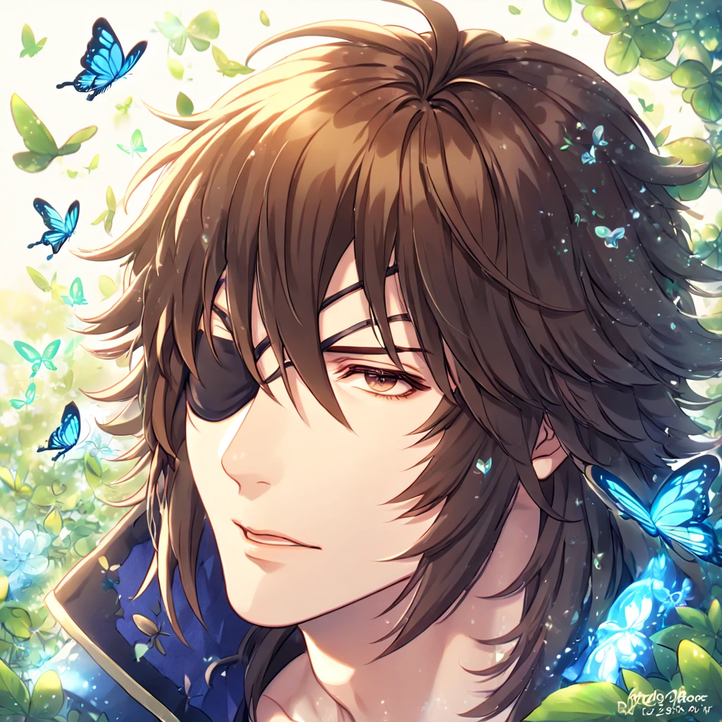 absurdres, highres, ultra detailed, HDR, master piece, best quality, extremely detailed face, delicated features, Date Masamune, medium length hair, brown hair, expressive brown eyes, black eye patch on the left eye, Sengoku Basara, solo, sexy man, handsome, dark blue coat with high collar, black gloves, fantasy, magical, butterflies, summer, green leaves, flowers, water