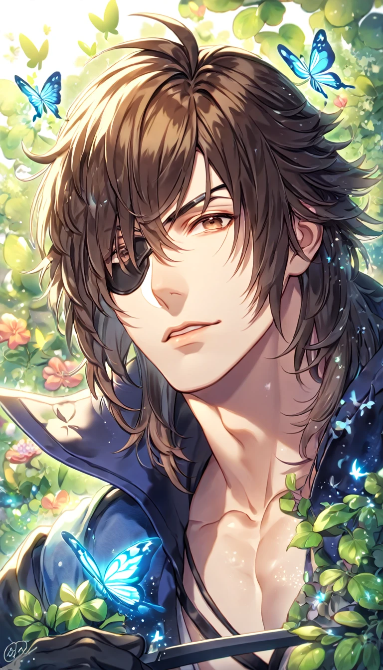 absurdres, highres, ultra detailed, HDR, master piece, best quality, extremely detailed face, delicated features, Date Masamune, medium length hair, brown hair, expressive brown eyes, black eye patch on the left eye, Sengoku Basara, solo, sexy man, handsome, dark blue coat with high collar, black gloves, fantasy, magical, butterflies, summer, green leaves, flowers, water