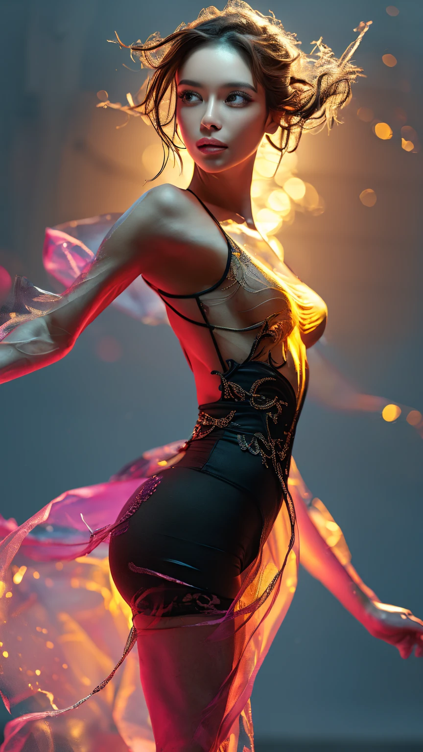 the Extremely Detailed CG Unity 8K Wallpapers, extremely delicate and beautiful, a stunningly, finely detail, Official art, absurderes, incredibly absurdness,  ultra-detailliert,Light on the Face,looking at the viewers, (Perfect female figure), Slim waist, full body Esbian,  is standing, bare arm, bangss, (Best Quality, 4K, masutepiece: 1.3), Beautiful Japan Alafed Woman、２５years old、Hyper-realistic, 1girl in,hyperdetailed face,Detailed lips, Detailed eyes,double eyelid, (Beautiful detailed lips),Sexy face、light brown hair、Medium Hair、(Attractive body: 1.2), (thin waist:1.1)、floated hair、((solo))、 half laugh , Castle Ball background, looking at the viewers,big breasts thin waist,movie lighting, ((leotard, (see-through))), Dancing