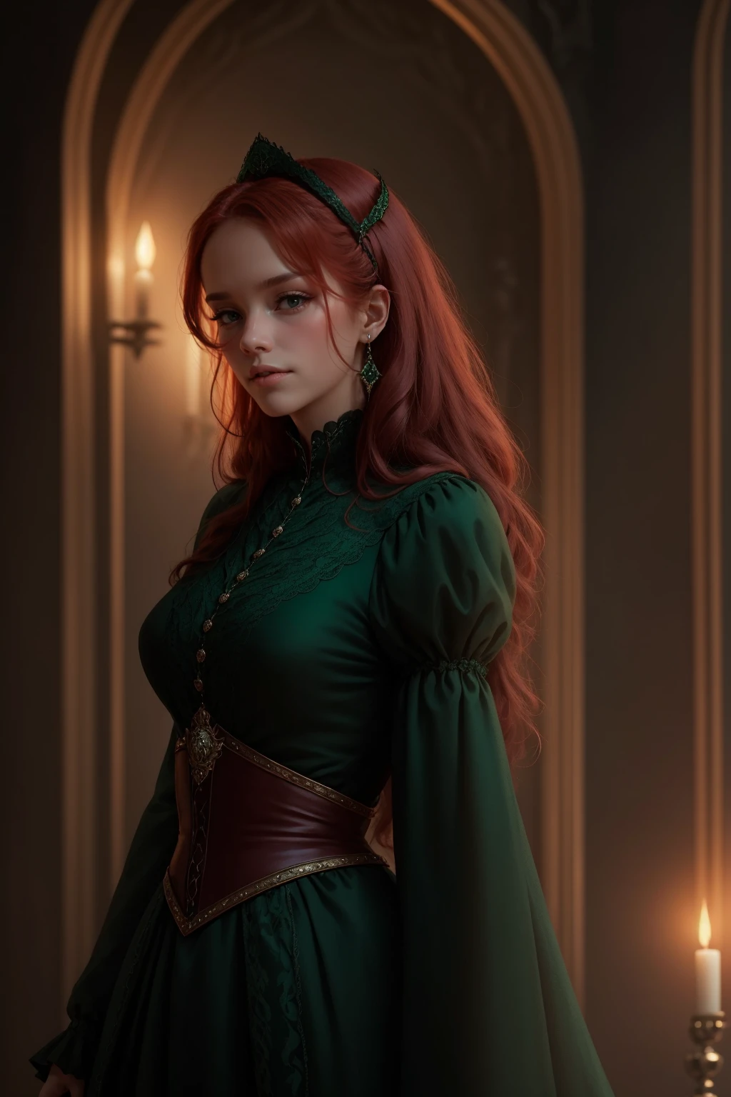 {-erro_de_anatomia:1.0} woman 40 years old, victorian era, queen clothes, (green dress), dark castle, a woman (alicent hightower), meddium dark red hair (dark red hair), (brown eyes) . Indifferent look , merciless. among the dragons, dinamic poses, egoist smile, upper body,