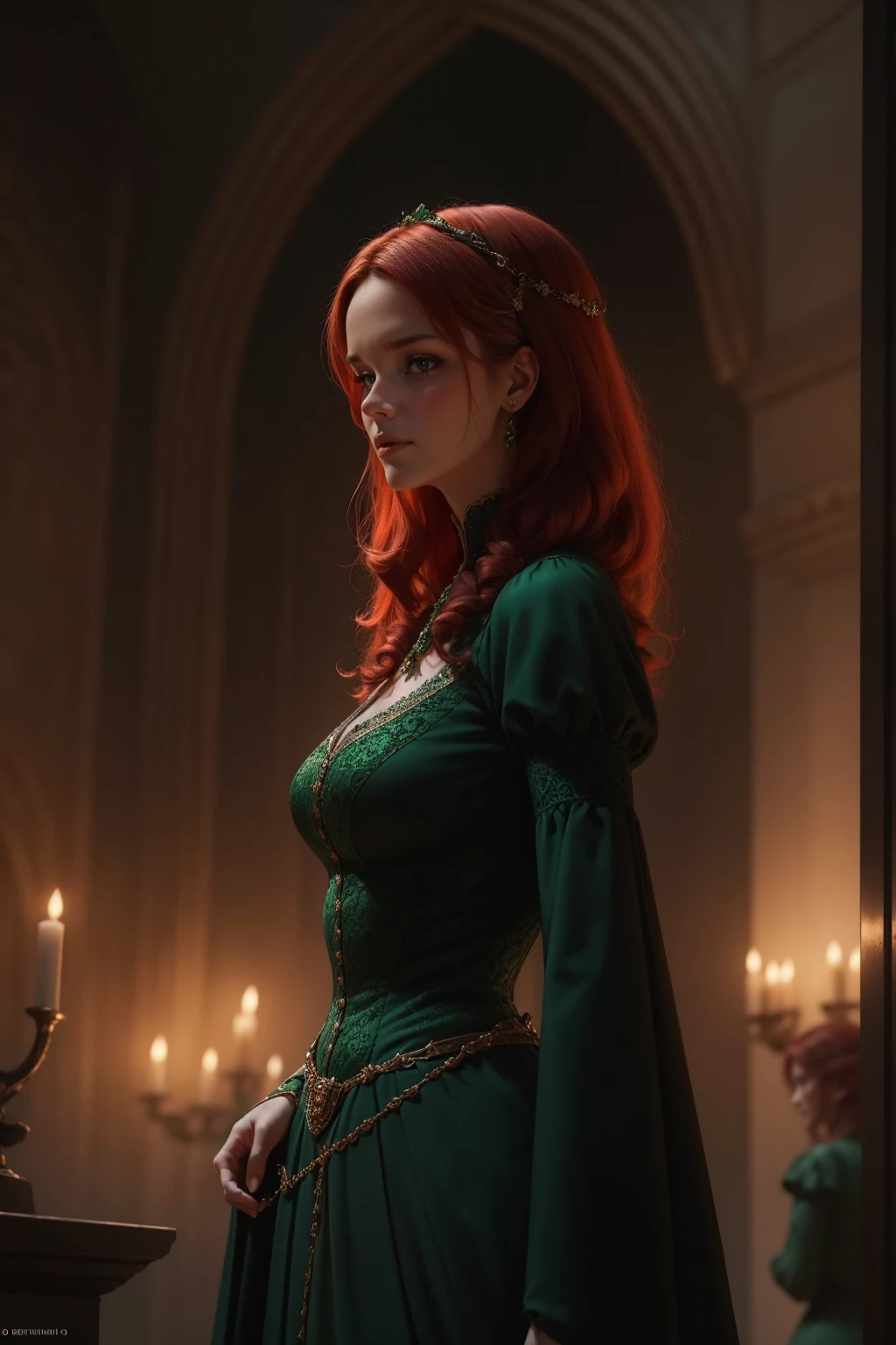 {-erro_de_anatomia:1.0} woman 40 years old, victorian era, queen clothes, (green dress), dark castle, a woman (alicent hightower), meddium dark red hair (dark red hair), (brown eyes) . Indifferent look , merciless. among the dragons, dinamic poses, egoist smile, upper body,