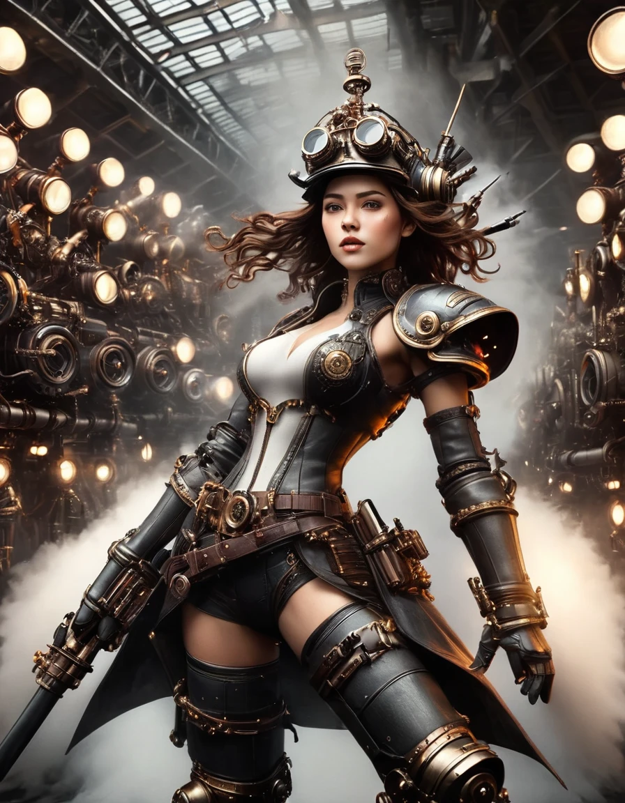 taller de reparación de aviones steampunk, De pie en una fábrica llena de tecnología de vanguardia、Una hermosa y sofisticada piloto de combate cyborg, Con los brazos levantados por encima de la cabeza, Exponiendo axilas, (top corto elegante、Chaqueta de vuelo、pantalones cortos de cuero、casco、gafas de protección、Usar guantes), maquinaria compleja部品, mejoras cibernéticas brillantes, piel perfecta, rasgos faciales delicados, beautillenoy detailed eyes, Nariz puntiaguda, lleno, beautillenoy detailed lips, Pestañas largas, ojos y rostro muy detallados, muscular, Proporción perfecta e ideal, grande, cintura apretada, gran culo, mirada cautivadora, paquete de seis, ombligo, tatuaje, Luz sin sombras, Atmósfera melancólica y dinámica, iluminación dramática, Estructura de la película, Colores vibrantes, Armadura futurista exquisita, pose elegante, ojos afilados, (de la máxima calidad, 4k, 8K, Alta resolución, obra maestra: 1.2), Súper detallado, (Realista, Realista, Realista: 1.37), maquinaria compleja, tecnología avanzada, Acción dinámica, sombras dramáticas, Ángulo de la película, expresión intensa, iluminación dramática, reflejos de neón, patrón complejo, entorno futurista, Súper detallado faces, Estructura de la película, pose dinámica, atmósfera tensa, Colores ricos, Armas avanzadas, steampunk, fantasía, arte digital, mecha