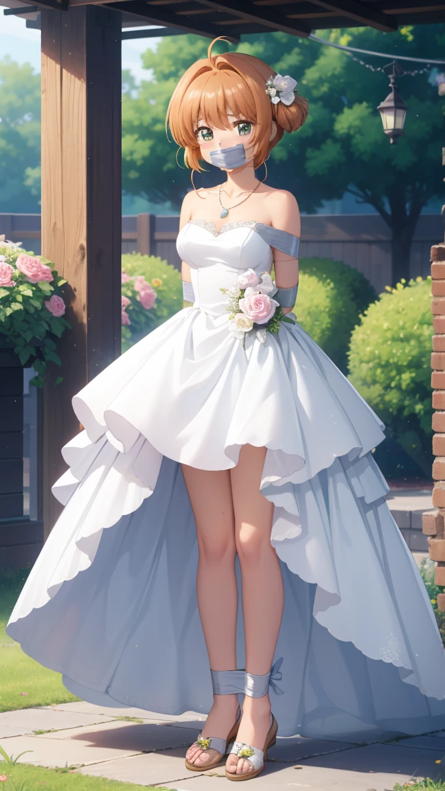 masterpiece, best quality, highres, 1girl, detailed face, blush, anime CG style, (medium breasts), (18 year old girl), good lighting, perfect body, sakura kinomoto, (tape gag), (tape bound), (arms bound), eyes wide, pupils dilated, garden, strapless wedding dress, necklace, jewelry, full body