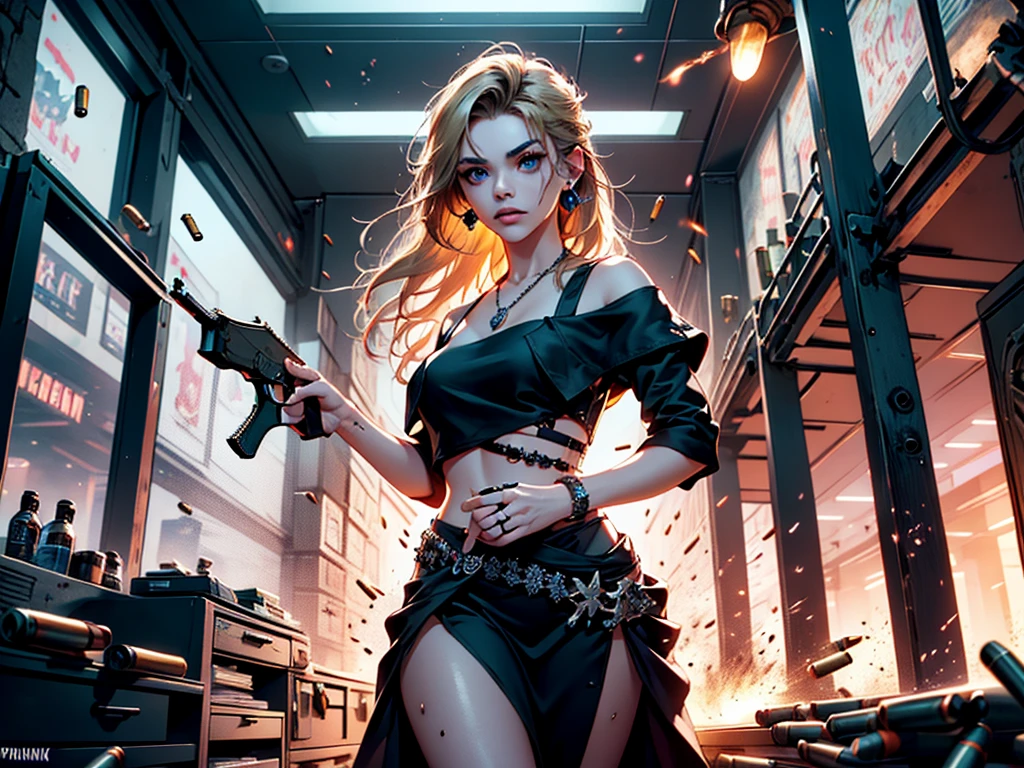 (girl holding wine glass), ((glass of bullets)), glass filled with ammunition, masterpiece, highest quality, (solo focus), (perfect face:1.1), (high detail:1.1), 1girl, Paine, (((firing, bullet, gun, light particles))), blonde hair, ((long hair)), blue eyes, ((sheer feminine black dress)), pendant, earrings, jewelry, bellybutton visible through clothes, detailed background, loft, neon cityscape, cyberpunk, cinematic lighting
