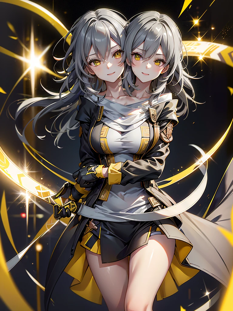 masterpiece,best quality,best resolusion,1girl,2 heads,detailed,conjoined,stelle hsr character,long gray hair,yellow eyes,smile,wearing a tight white t-shirt,wearing a black open jacket with yellow patterns,wear black gloves,normal breasts,beautiful face,beautiful hair,beautiful eyes,beautiful body,beautiful hand,HDR,ultra high res,,perfect lighting,colored,4K