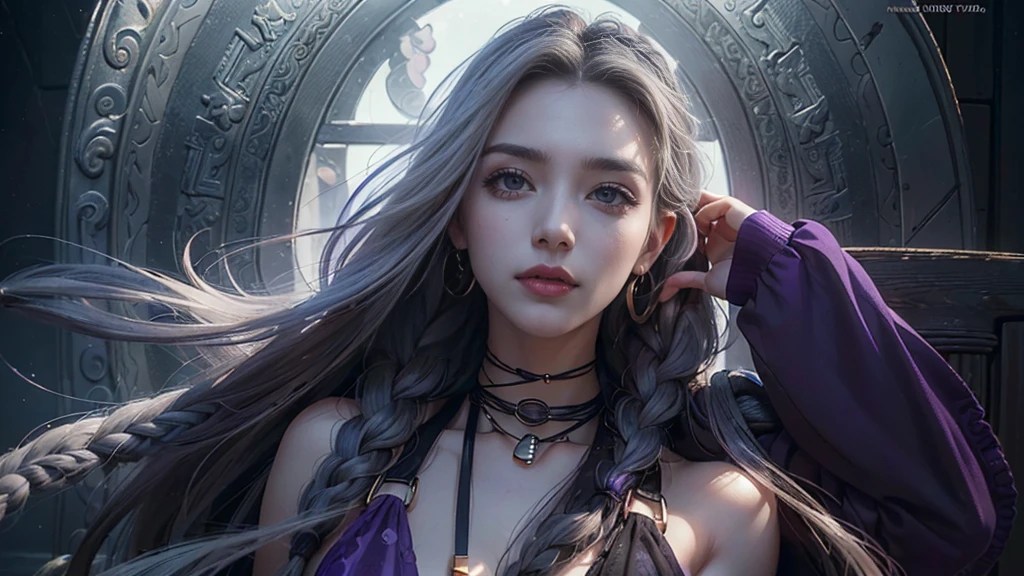 (Numerous prize-winning works, With incredible details), ((Extremely beautiful face)), (Extremely detailed realistic facial features), (beautiful eyes), ((finely detailed true circle symmetrical gray purple eyes)), (She has a meloncholic face), (A majestic vision), very long blue braided hair,