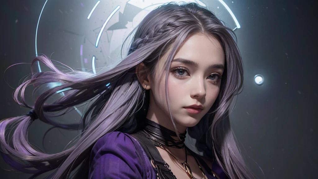 (Numerous prize-winning works, With incredible details), ((Extremely beautiful face)), (Extremely detailed realistic facial features), (beautiful eyes), ((finely detailed true circle symmetrical gray purple eyes)), (She has a meloncholic face), (A majestic vision), very long blue braided hair,