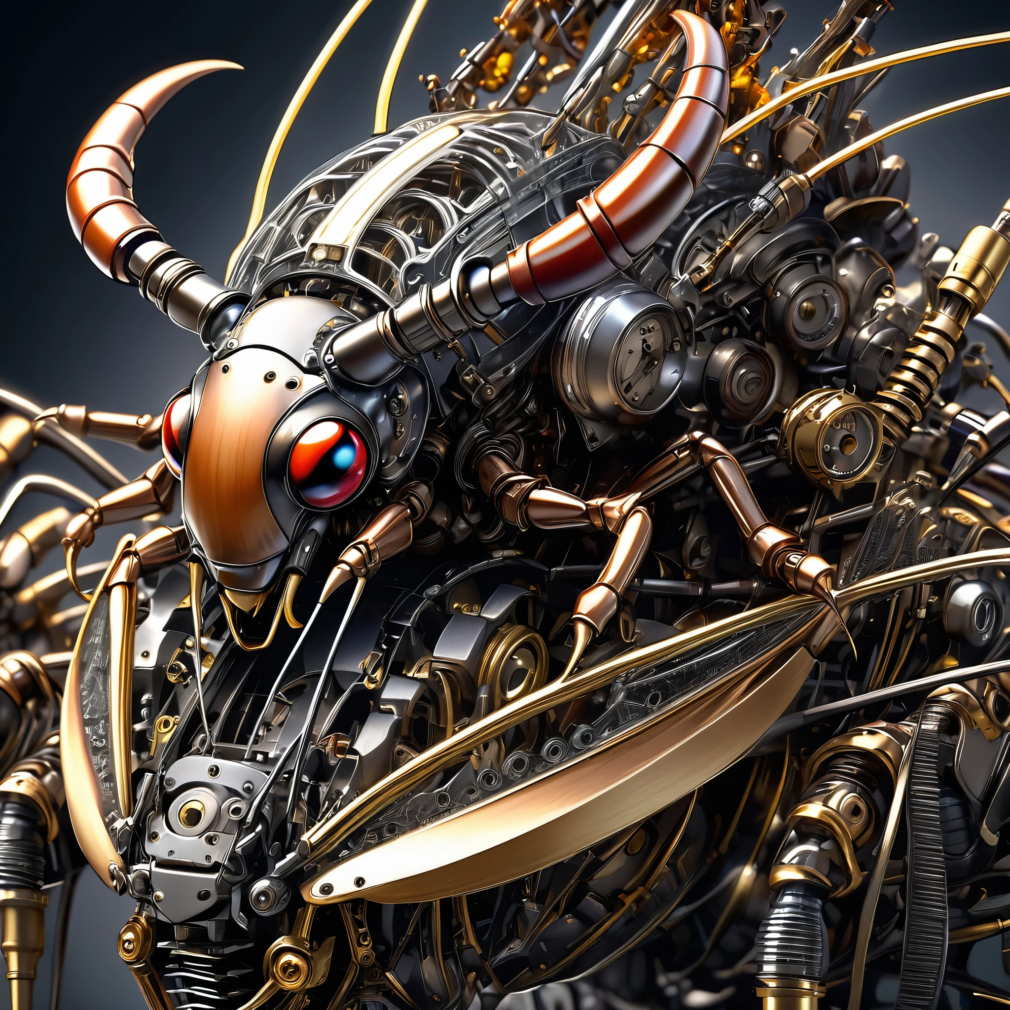 mechanical creatures, Stag beetle, precision instruments, machines, machine parts, LEDs, wire cables, (ultra detailed, absolutely resolution, best quality:1.3), 2.5D, delicate and dynamic, artistic photography, hyper realistic, graphic CG digital art