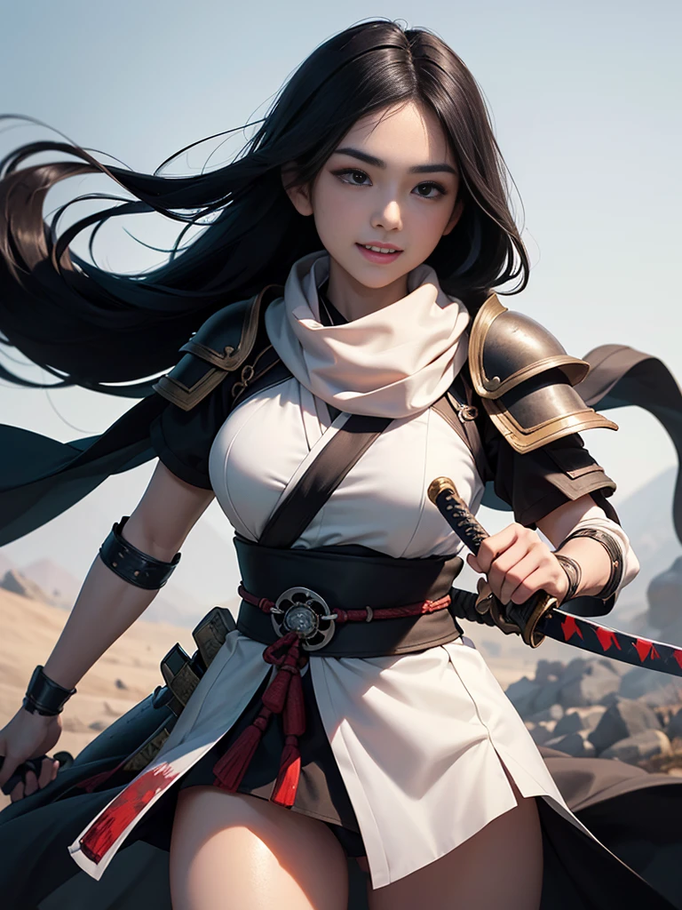 master piece,　best quality,　ultra detailed,　photorealistic,　voluptuous,　1 young girl,　fair skin,　pale skin,　long hair,　black hair,　smile,　mega breasts,　gorgeous bluck kimono,　cowboy shot,　looking up,　white background,　(Japanese SAMURAI Armor：1.4),　(Black armor:1.2)、No exposed skin、(Wearing a long white scarf:1.2)、(gripping katana sword:1.2), Samurai, fighting stance 、Thick eyebrows、Slit eyes, (long bloodstained sword:1.2),  disheveled long black hair、A proud, black-haired beauty standing on the battlefield beloved by the God of War.、　A beautiful woman dominates the battlefield with a single sword