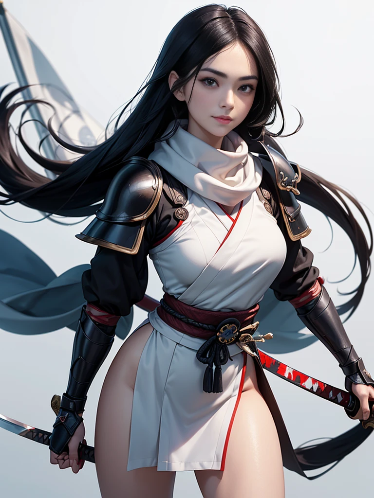 master piece,　best quality,　ultra detailed,　photorealistic,　voluptuous,　1 young girl,　fair skin,　pale skin,　long hair,　black hair,　smile,　mega breasts,　gorgeous bluck kimono,　cowboy shot,　looking up,　white background,　(Japanese SAMURAI Armor：1.4),　(Black armor:1.2)、No exposed skin、(Wearing a long white scarf:1.2)、(gripping katana sword:1.2), Samurai, fighting stance 、Thick eyebrows、Slit eyes, (long bloodstained sword:1.2),  disheveled long black hair、A proud, black-haired beauty standing on the battlefield beloved by the God of War.、　A beautiful woman dominates the battlefield with a single sword