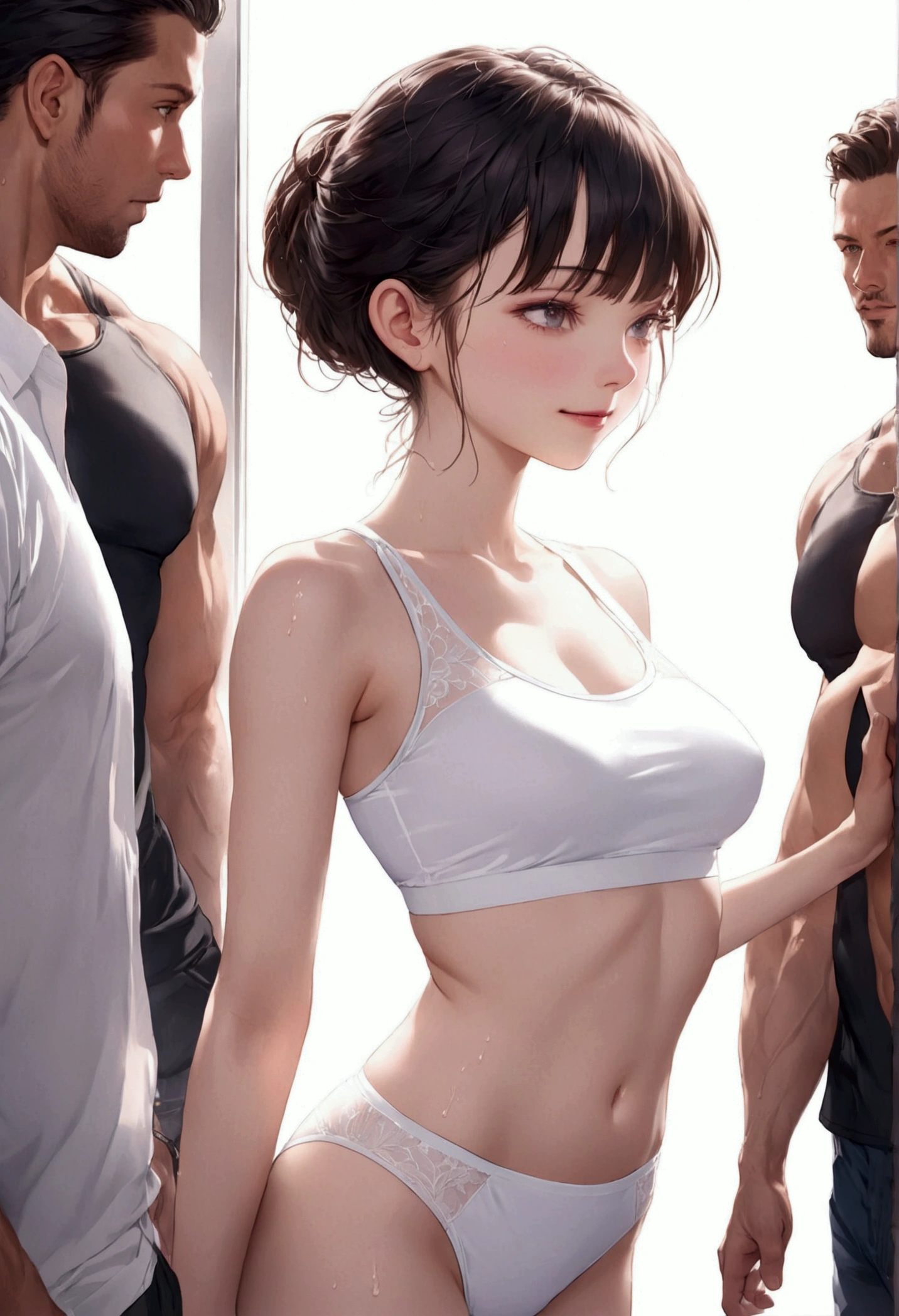 高いquality illustration, masterpiece, Very delicate and beautiful,Slender body,slim,Beautiful Eyes,(masterpiece, Highest quality:1.2), High resolution, Very detailed CG Unity 8k wallpaper, Perfect lighting, colorful, 超High resolution,4K,Very detailed, photograph, 8k, High resolutionolution,girl１people、Depicted from the front、Very young woman、muscular、Sportsman、Black Hair、smile、looseルーム、loose、window、Sweat、 Sweaty、White sports bra、White sports bra、White panties、Surrounded by men、Man is watching、male enhancement、Thigh、navel