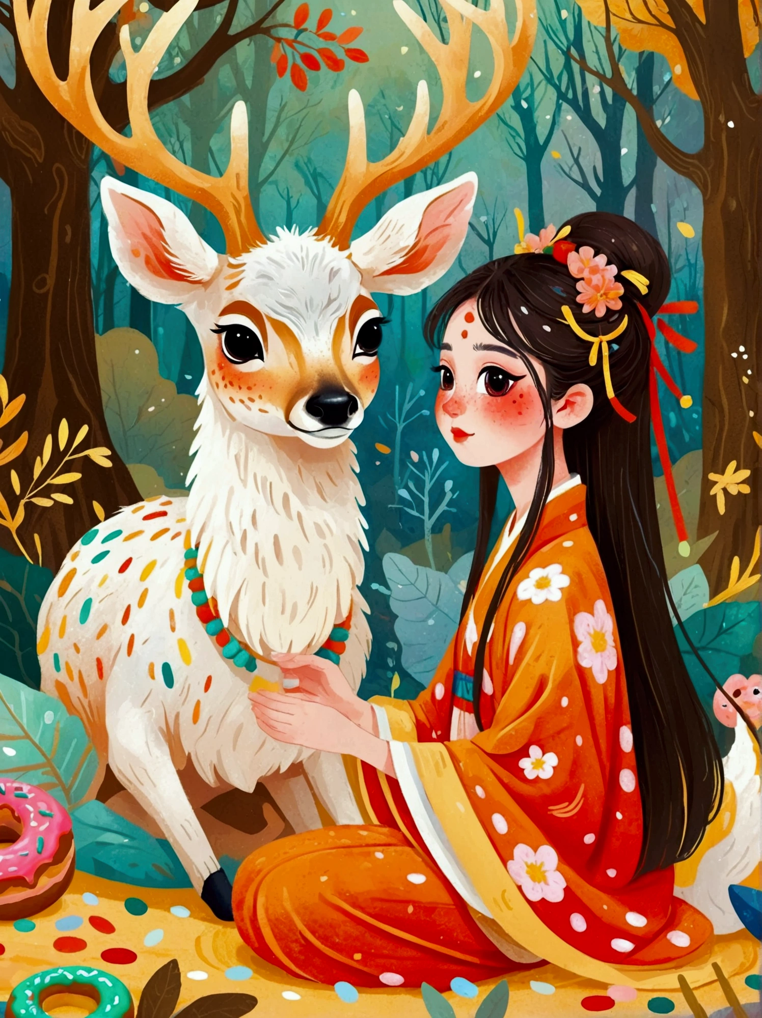 (8k，Bright colors，Bright，Ultra high saturation，rgb, Colorful), Cartoon,Character Design,Surreal photos，Seven-Colored Deer Guardian，High-resolution photos，The huge and beautiful seven-colored deer，A peaceful and dreamy scene，A little girl in Hanfu sits next to a giant seven-colored deer，(((Eat donuts)))，Donut crumbs fell on the ground，Ask Donuts，详细的Eat donuts动作，so cute，Detailed facial details，The background is a magical forest full of spirituality，Create soft、Flowing atmosphere。Beautiful overall composition，microorganism，plant，Marine Life，Exquisite eyes，Starry Sky，Abstract mosaic painting，Describing the inner world of autistic people，Sense of space，White space，interesting，Innocence，Psychedelic Art，可爱的Q版Cartoon风格，Simple background，Colorful illustrations, Bright colors, Full body image, HD, High-resolution images in a Q-version style