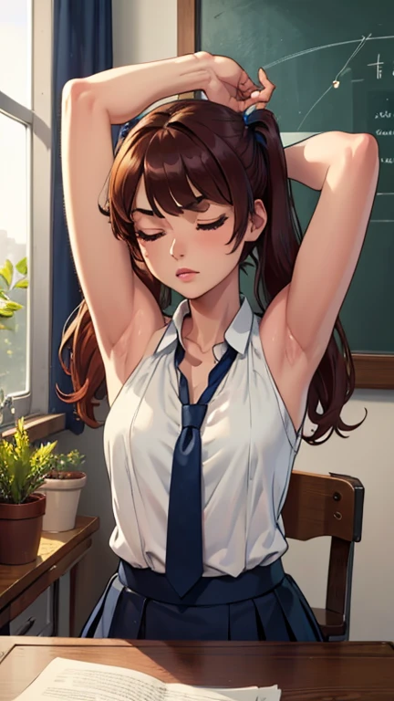 (masterpiece, best quality), stoic, girl leaning back in chair and yawning, one eye closed, arms up, flexing biceps, beautiful face, upper body, close up, Gray eyes, dark red hair, swept bangs, low twin tails, white ribbons, sleeveless white halter neck collared shirt, dark blue necktie, dark blue skirt, small breasts, toned arms, sunrise, sitting on chair in front of desk, chalkboard, people in background, potted plants,