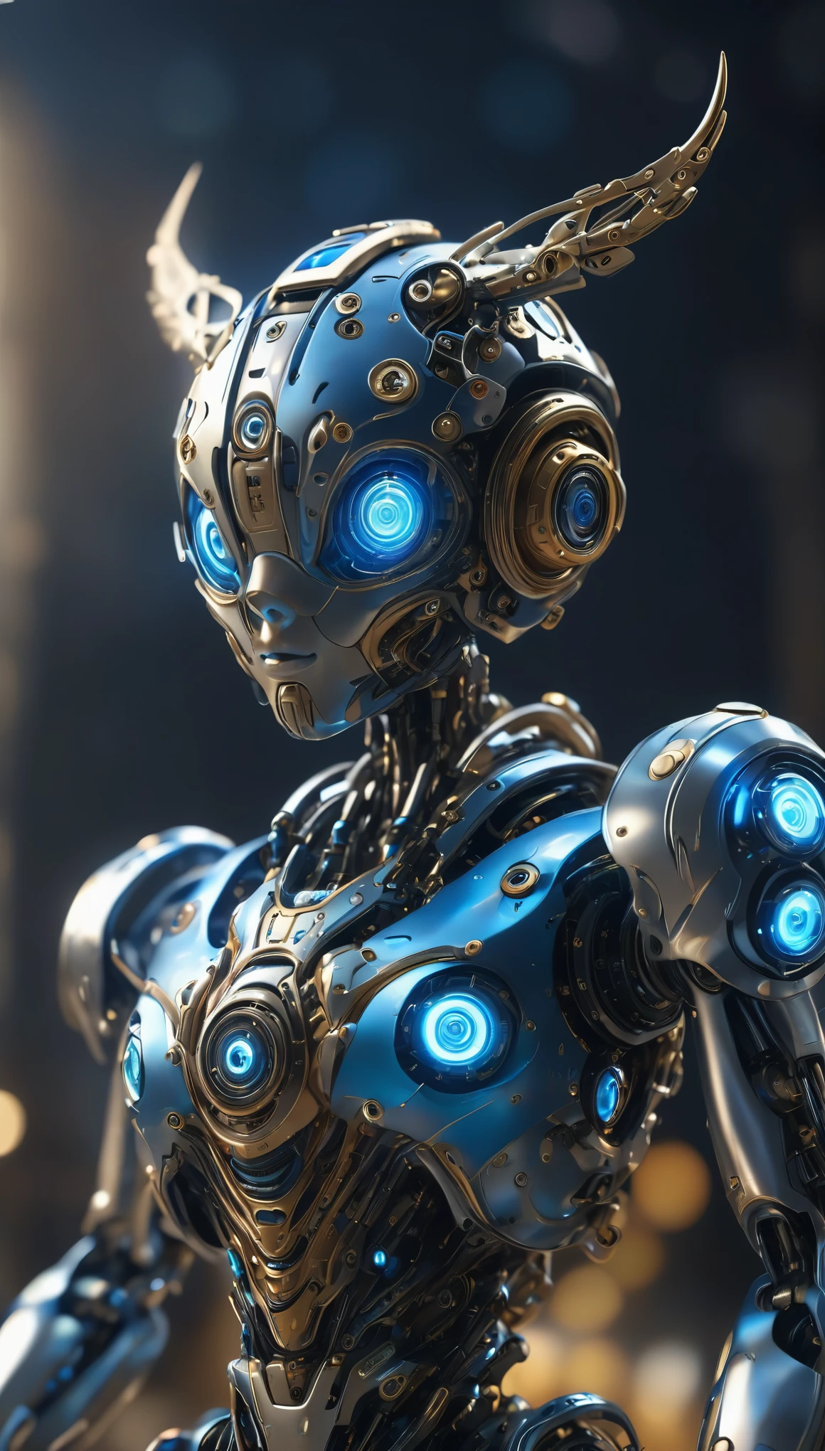 plano general, cuerpo entero:1.6, a highly detailed robotic creature, intricate gears and mechanisms, metallic body with glowing blue accents, realistic 3D render, cinematic lighting, dramatic camera angle, advanced technology, futuristic, (best quality,4k,8k,highres,masterpiece:1.2),ultra-detailed,(realistic,photorealistic,photo-realistic:1.37),seamlessly integrated with the environment,complex machinery,innovative design,breathtaking detail,precision engineering,awe-inspiring scale