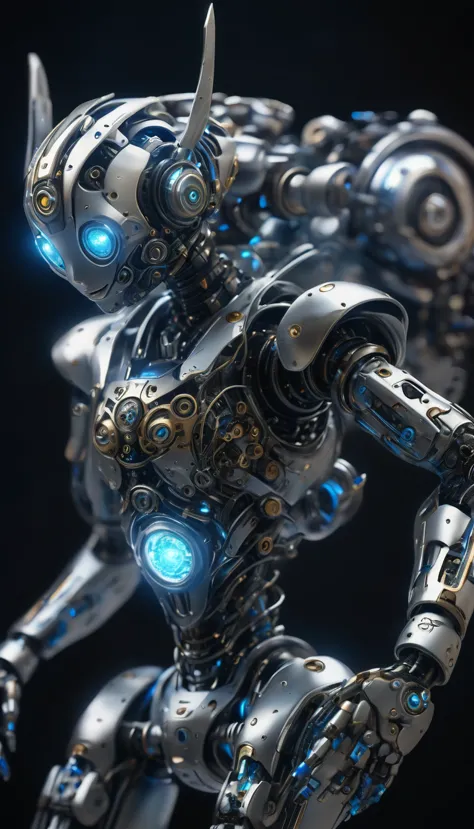 plano general:1.6, cuerpo entero:1.6, a highly detailed robotic creature, intricate gears and mechanisms, metallic body with glowing blue accents, realistic 3D render, cinematic lighting, dramatic camera angle, advanced technology, futuristic, (best quality,4k,8k,highres,masterpiece:1.2),ultra-detailed,(realistic,photorealistic,photo-realistic:1.37),seamlessly integrated with the environment,complex machinery,innovative design,breathtaking detail,precision engineering,awe-inspiring scale