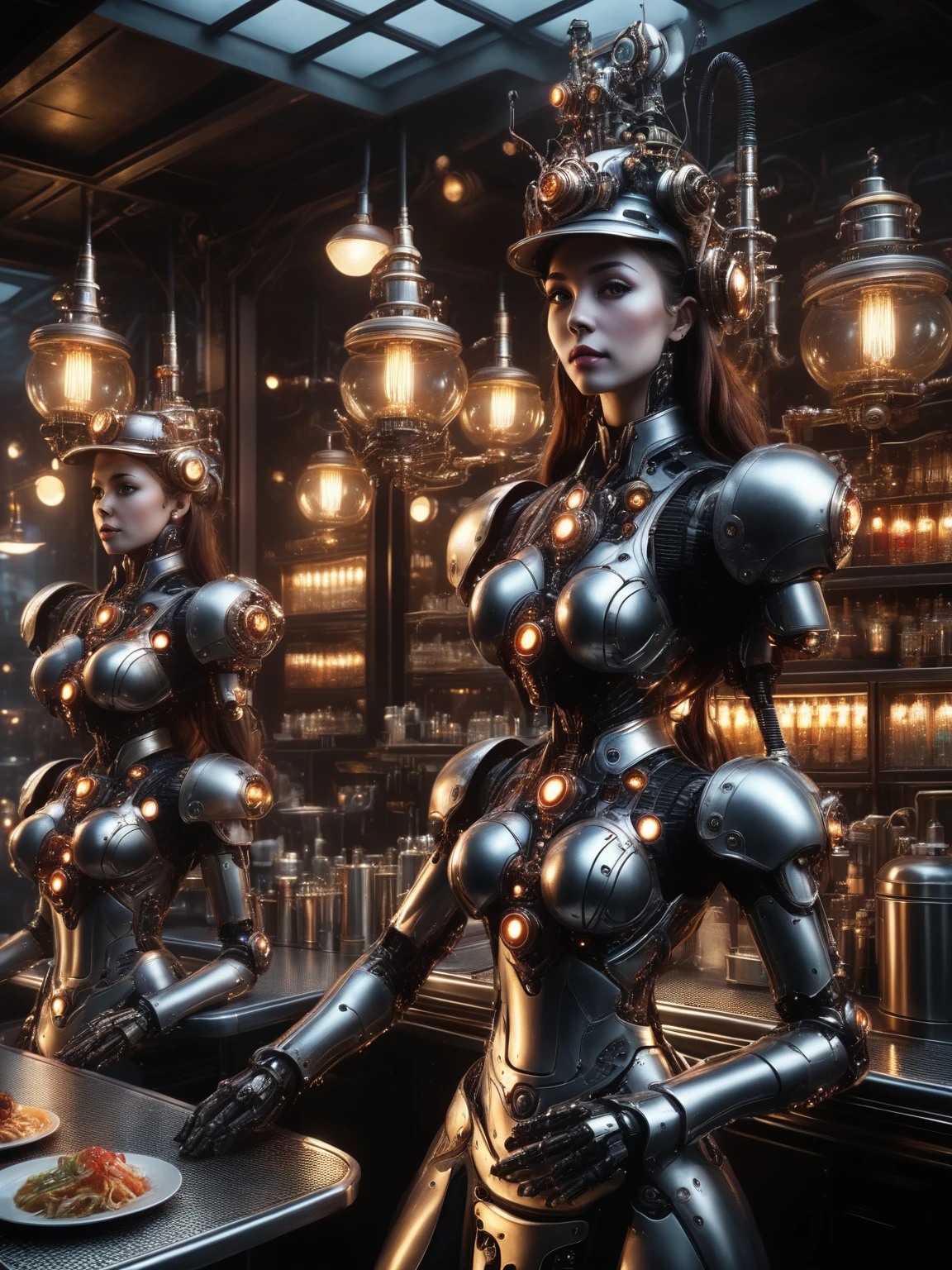 a waitress robot, cyborg waitress, android waitress, futuristic waitress, hyper-realistic cyborg waitress, high tech waitress, highly detailed cyberpunk waitress, intricate machinery waitress, glow in the dark cybernetic waitress, glowing cybernetic waitress, photorealistic cybernetic waitress, hyper detailed cybernetic waitress, photorealistic cyborg waitress, ultra detailed cyborg waitress, best quality, 4k, 8k, highres, masterpiece:1.2, ultra-detailed, realistic, photorealistic, photo-realistic:1.37, vivid colors, dramatic lighting, cinematic, concept art style, mecha, DonMSt34mPXL, faceplate, steampunknoireai

