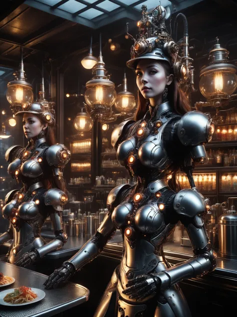 a waitress robot, cyborg waitress, android waitress, futuristic waitress, hyper-realistic cyborg waitress, high tech waitress, h...