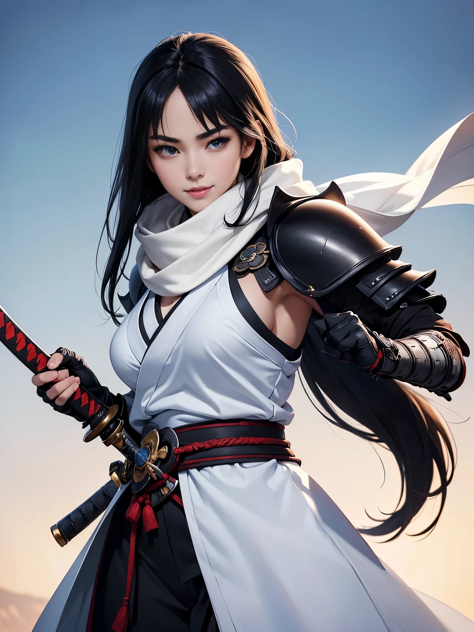 master piece,　best quality,　ultra detailed,　photorealistic,　voluptuous,　1 young girl,　fair skin,　pale skin,　long hair,　black hair,　smile,　mega breasts,　gorgeous bluck kimono,　cowboy shot,　looking up,　white background,　(Japanese SAMURAI Armor：1.4),　(Black armor:1.2)、No exposed skin、(Wearing a long white scarf:1.2)、(gripping katana sword:1.2), Samurai, fighting stance 、Thick eyebrows、Slit eyes, (long bloodstained sword:1.2),  disheveled long black hair、A proud, black-haired beauty standing on the battlefield beloved by the God of War.、　A beautiful woman dominates the battlefield with a single sword