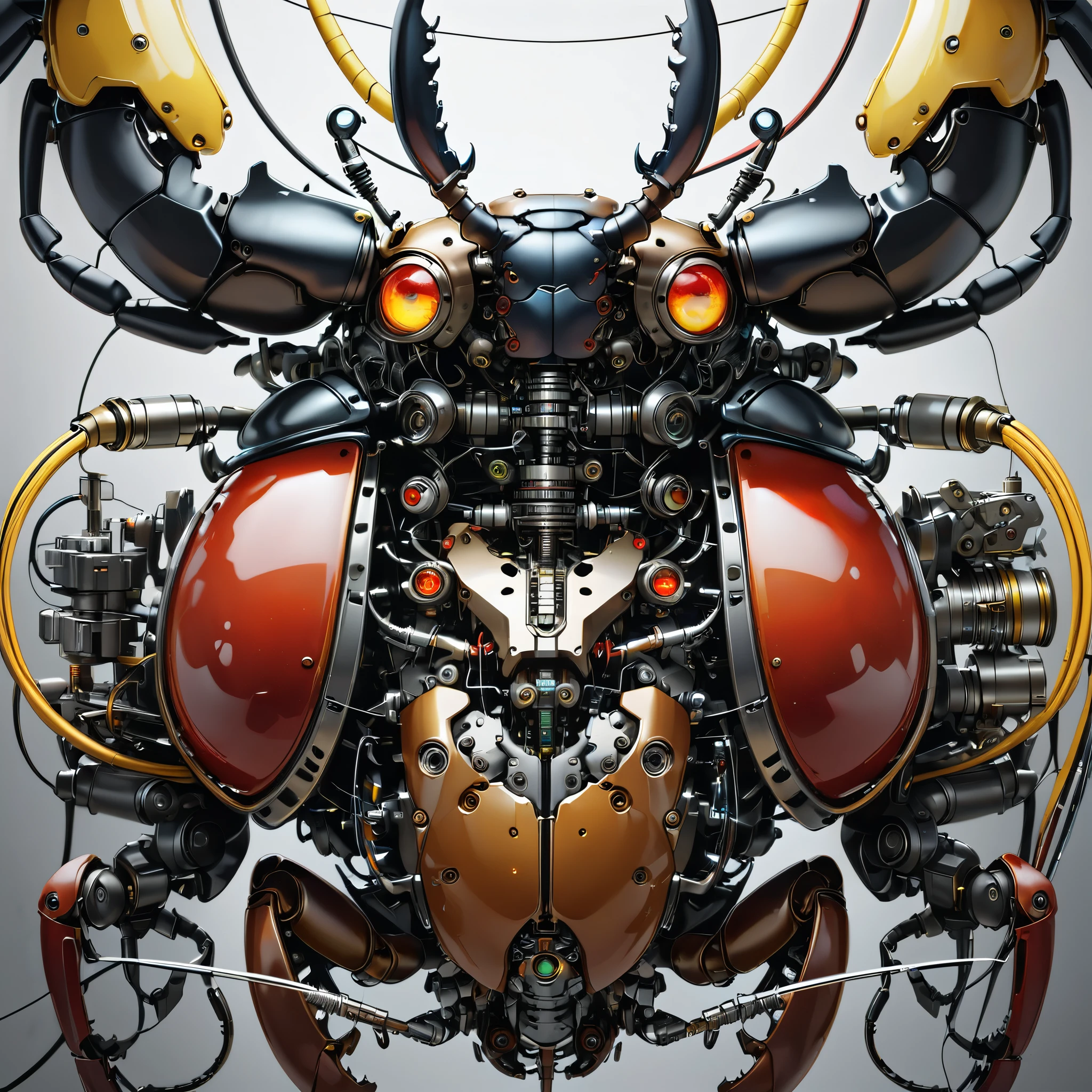 Mechanische Kreaturen, Hirschkäfer, Präzisionsinstrumente, Maschinen, Maschinenteile, LED-Augen, Drahtseile, (Extrem detailliert, Absolute Auflösung, beste Qualität:1.3), 2.5D, zart und dynamisch, künstlerische Fotografie, Hyperrealistisch, grafische CG-Digitalkunst