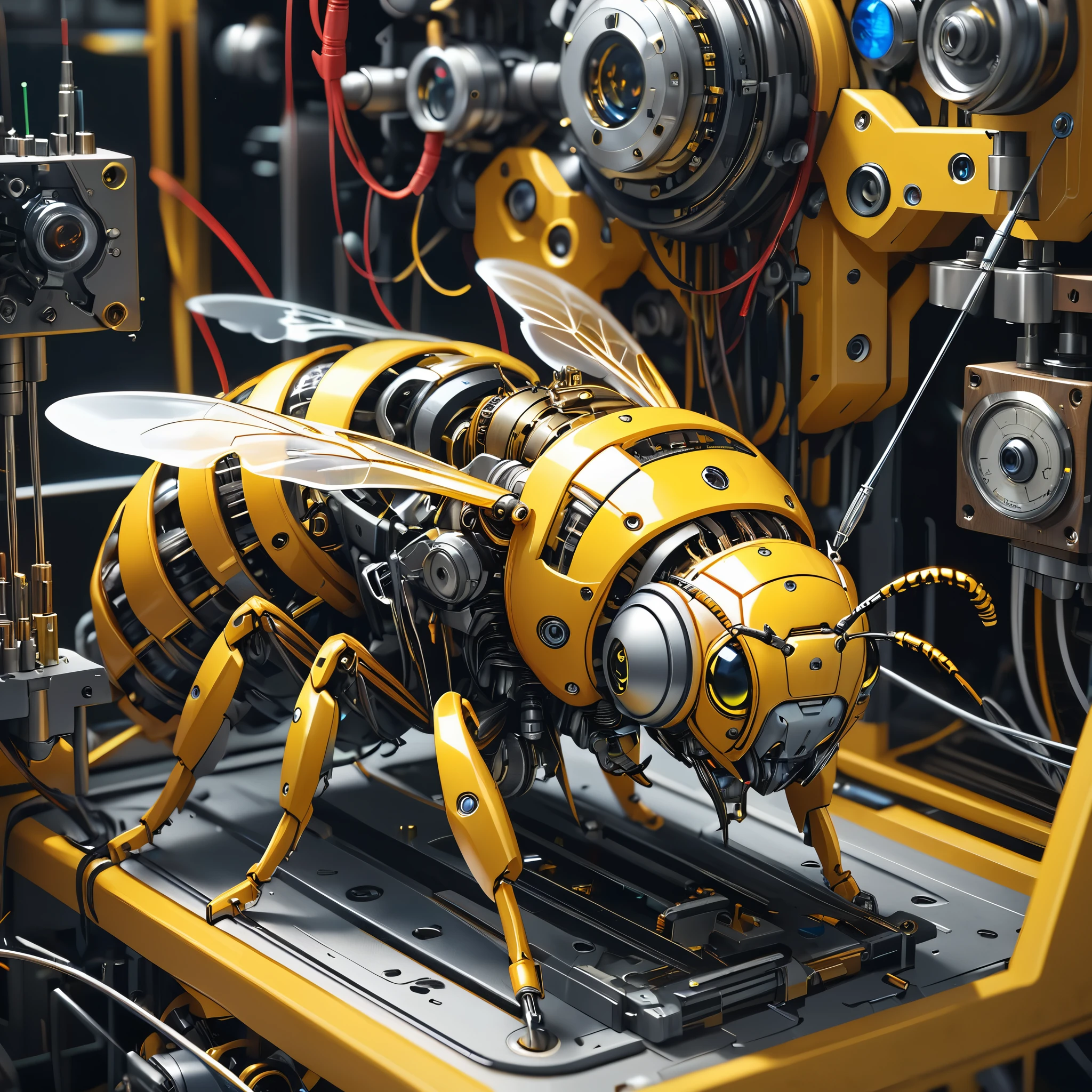 Mechanische Kreaturen, Biene, Präzisionsinstrumente, Maschinen, Maschinenteile, LED-Augen, Drahtseile, (Extrem detailliert, Absolute Auflösung, beste Qualität:1.3), 2.5D, zart und dynamisch, künstlerische Fotografie, Hyperrealistisch, grafische CG-Digitalkunst