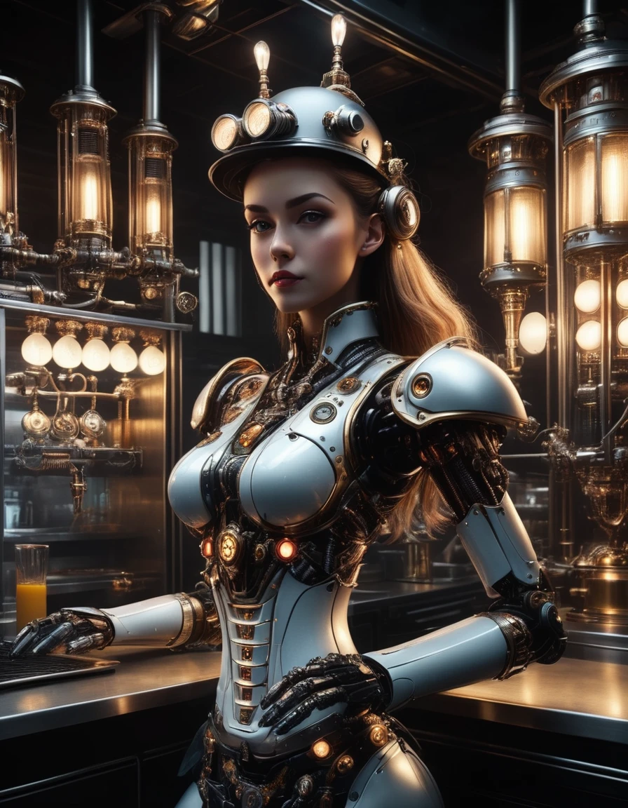 Un robot camarera, camarera cyborg, camarera androide, camarera futurista, hyper-Realista camarera cyborg, camarera de alta tecnologia, Camarera ciberpunk muy detallada, Camarera con maquinaria intrincada, Camarera cibernética que brilla en la oscuridad, camarera cibernética brillante, photoRealista cybernetic waitress, Camarera cibernética hiperdetallada, photoRealista camarera cyborg, ultra detailed camarera cyborg, mejor calidad, 4k, 8K, alta resolución, obra maestra:1.2, ultra detallado, Realista, photoRealista, photo-Realista:1.37, colores vívidos, iluminación dramática, cinematográfico, estilo de arte conceptual, mecha, DonMSt34mPXL, Placa frontal, steampunknoireai
