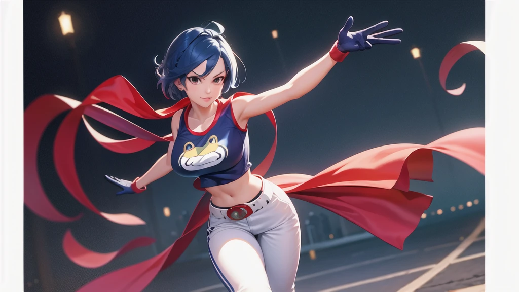 (at night), alone, in a video game scene a background of a beautiful city during the day raining, standing at attention, semi-short blue hair, anime frog face blouse, white flared pants, wears blue exercise gloves, has round glasses on her head, WEARS a RED scarf around her neck, huge belt with big round evilla, ((blue hair)), 1 girl, alone, 20 years old, young woman, perfect hands, beautiful fingers, long beautiful legs, beautiful body, beautiful nose, beautiful character design, perfect face, look at viewer with serious gesture and in attack position (focusing on his face), closed mouth, Light_Smile, official art, extremely detailed CG unity 8k wallpaper, lighting perfect, bright and colorful front lighting, shiny skin (masterpiece: 1.0), (best_quality: 1.0), ultra-high resolution, 4K, ultra-detailed photography, 8K, HDR, high resolution, nonsense: 1.2, Kodak portra 400, grain film, blurred background, bokeh: 1.2, lens flare, (vibrant_color:1.2), professional photography, (beautiful_face: 1.5), (narrow waist),
