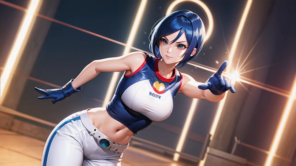 (at night), alone, in a video game scene a background of a beautiful city during the day raining, standing at attention, semi-short blue hair, anime frog face blouse, white flared pants, wears blue exercise gloves, has round glasses on her head, WEARS a RED scarf around her neck, huge belt with big round evilla, ((blue hair)), 1 girl, alone, 20 years old, young woman, perfect hands, beautiful fingers, long beautiful legs, beautiful body, beautiful nose, beautiful character design, perfect face, look at viewer with serious gesture and in attack position (focusing on his face), closed mouth, Light_Smile, official art, extremely detailed CG unity 8k wallpaper, lighting perfect, bright and colorful front lighting, shiny skin (masterpiece: 1.0), (best_quality: 1.0), ultra-high resolution, 4K, ultra-detailed photography, 8K, HDR, high resolution, nonsense: 1.2, Kodak portra 400, grain film, blurred background, bokeh: 1.2, lens flare, (vibrant_color:1.2), professional photography, (beautiful_face: 1.5), (narrow waist),
