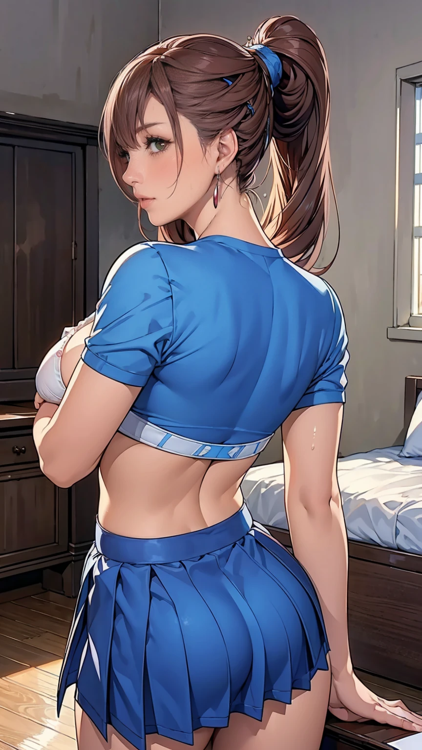 (highest quality, masterpiece:), ultra-high resolution, indoor, inside gym, Korean gravure model, 24 years old, remove censorship, ribbon, tight, back shot:1.5, looking back over the shoulder:1.5, wearing uniform, hig h le g, giga ntic breas ts, puf fy nipple:1.4, skin ny, ban gs, long hair, brown hair, ponytail, choppy hair, unkempt hair:1.2, gorgeous earrings, beauty, embarrassed, blush:1.3, mature woman, 