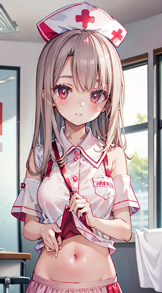 Attention to detail, Heart-shaped pupils，Nurse hat，Pink nurse uniform，Love Your Students，Cropped shoulders，Red Cross，Slender Maiden,Highly rendered，Detailed face，White Stockings，On your stomach，