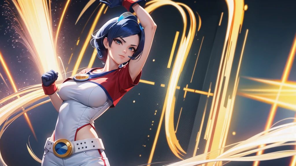 (at night), alone, in a video game scene a background of a beautiful city during the day raining, standing at attention, semi-short blue hair, anime frog face blouse, white flared pants, wears blue exercise gloves, has round glasses on her head, WEARS a RED scarf around her neck, huge belt with big round evilla, ((blue hair)), 1 girl, alone, 20 years old, young woman, perfect hands, beautiful fingers, long beautiful legs, beautiful body, beautiful nose, beautiful character design, perfect face, look at viewer with serious gesture and in attack position (focusing on his face), closed mouth, Light_Smile, official art, extremely detailed CG unity 8k wallpaper, lighting perfect, bright and colorful front lighting, shiny skin (masterpiece: 1.0), (best_quality: 1.0), ultra-high resolution, 4K, ultra-detailed photography, 8K, HDR, high resolution, nonsense: 1.2, Kodak portra 400, grain film, blurred background, bokeh: 1.2, lens flare, (vibrant_color:1.2), professional photography, (beautiful_face: 1.5), (narrow waist),
