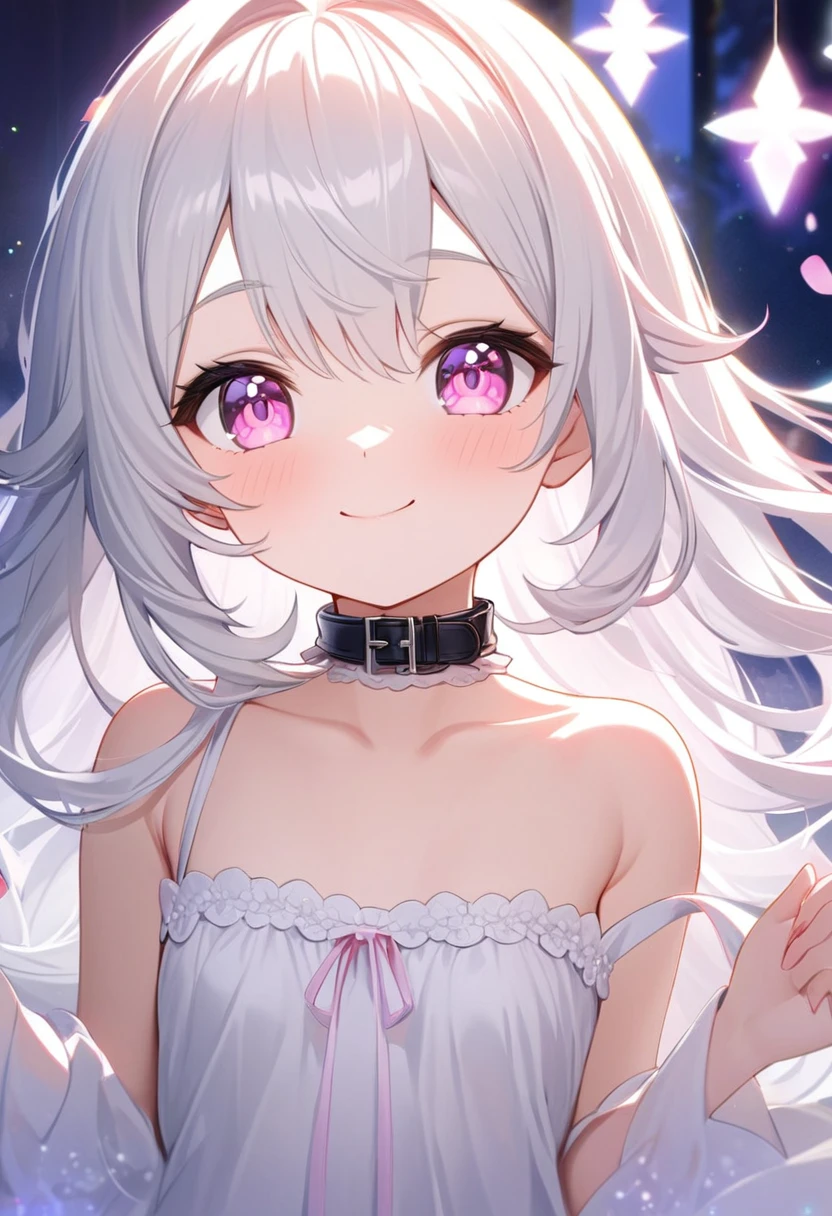 A portrait of white hair girl(( long)) hair, pink eyes, smile a little. The back is very small、Lolita、Small breasts、、exterior: 10 years old、

Outfit: A white long night dress Black collar. Shoulder Bare、The clavicle is visible、Sexy white thighs.

(( radient light., cute, girl, ❤️💗💕😳😳🫶🏻)), add_detail:1, add_detail:0, add_detail:0.5, birthday arte, genshin birthdayhighest quality, High resolution, unity 8k wallpaper, (shape:0.8), (Beautiful and beautiful eyes:1.6), Highly detailed face, Perfect lighting, Extremely detailed CG, (Perfect hands, Perfect Anatomy),