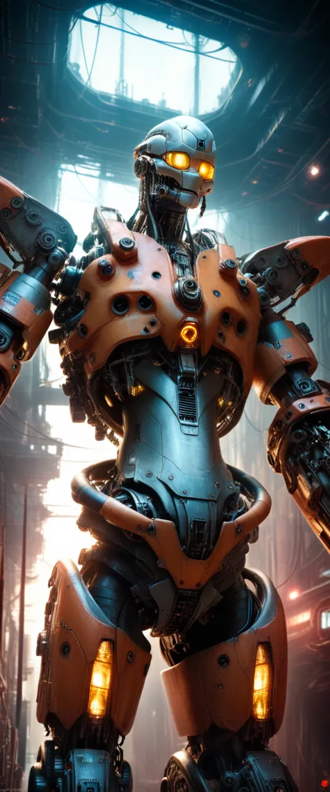 a large mechanical creature, low angle shot:1.7, terminal cables, lights, intricate details, gears, futuristic, cinematic lighting, metallic, industrial, sci-fi, (best quality,4k,8k,highres,masterpiece:1.2),ultra-detailed,(realistic,photorealistic,photo-realistic:1.37)