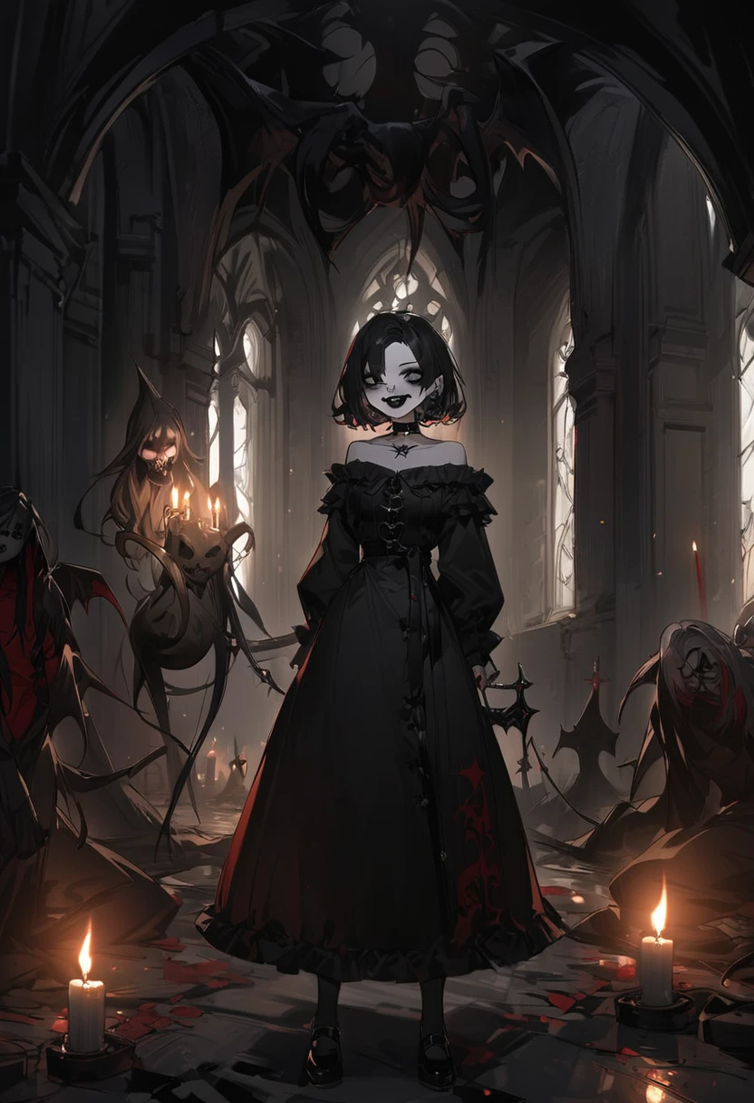 (work of art, 8k, best qualityer:1.2), woman in her 20s, Gothicic style, Gothic, black lips, dark black eyeliner, round stripe, shorth hair, perm, Long black nails, black choker, creepy laugh, Inside a dark and abandoned church, candle light, pentagram, devilcore숭배, Evil spirits, Satan, devilcore, Lucifer, asmodeus