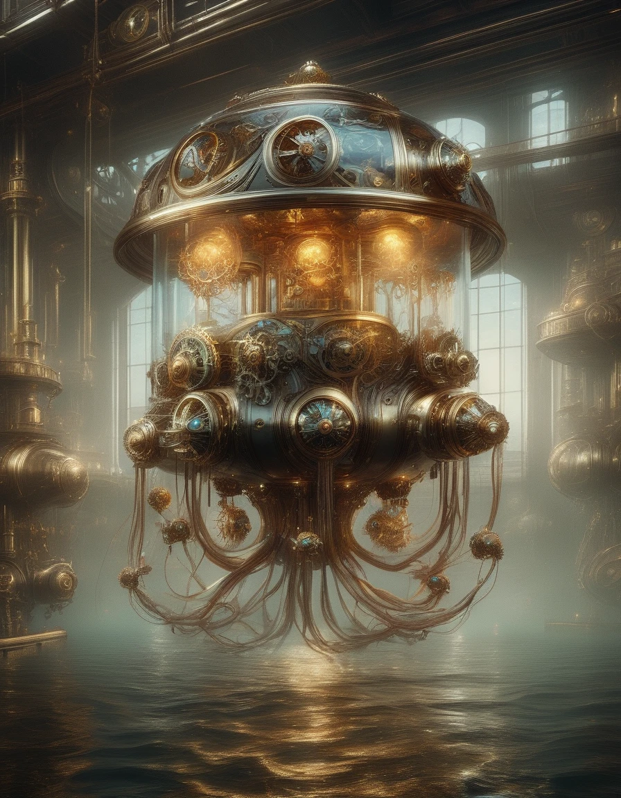 medusa mecánica steampunk, flotando bajo el agua, Detalles mecánicos intrincados, Tentáculos bioluminiscentes brillantes, potente sistema de propulsión, armas y mecanismos de defensa avanzados, presencia imponente y amenazante, iluminación dramática, Paleta de colores oscuros y futuristas, Representación 3D muy detallada, composición cinematográfica, arte conceptual estiloDonMSt34mPX、