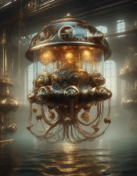 Steampunk mechanical jellyfish, floating underwater, intricate mechanical details, glowing bioluminescent tentacles, powerful pr...