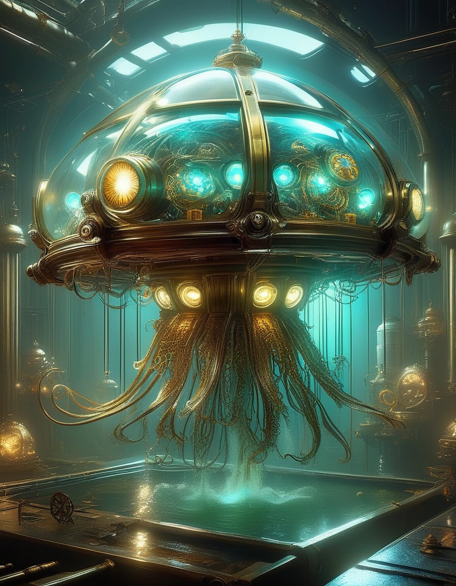 Steampunk mechanical jellyfish swimming underwater、Exquisite mechanical details、Glowing bioluminescent tentacles、Powerful Propulsion System、Advanced Weapons and Defenses、Hall々A commanding presence、Dramatic lighting、Dark and futuristic color palette、Highly detailed 3D rendering、Cinematic composition、Concept Art Style